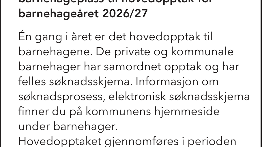 Lenke til artikkel: Husk frist for hovedopptaket til barnehager 1. mars